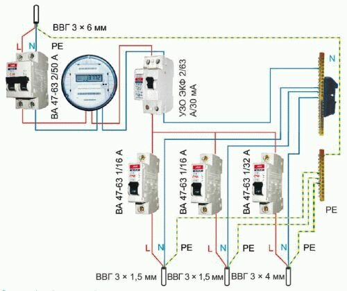 Схема однофазной электрической сети с минимальным количеством автоматов